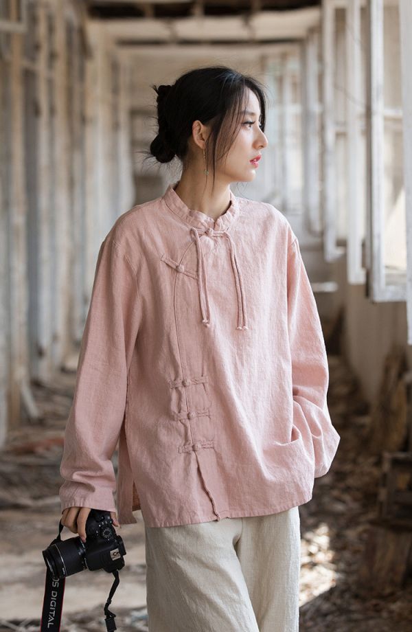 燕燕~莧麻棉 手工盤扣砂洗改良上衣 文藝範女式長袖T恤 