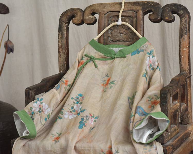 燕燕~棉麻商品 苧麻材質 印花中長款茶服襯衫 復古傳統手工縫盤扣上衣  