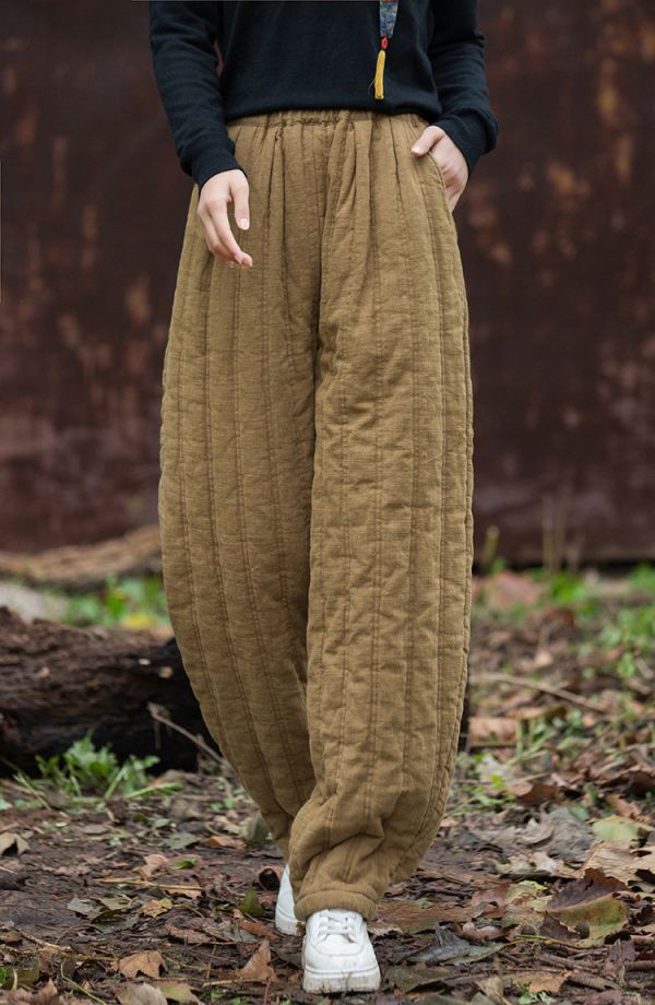 燕燕~苧麻夾棉絎縫炒色保暖長褲 時尚百搭休閒修身棉褲 