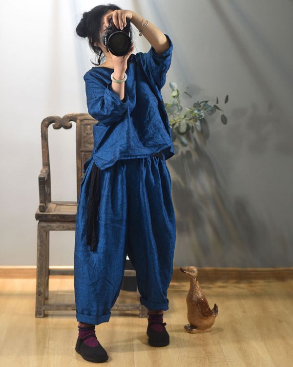 燕燕~色織亞麻偏襟盤扣上衣 文藝復古短肥款外套休閒禪意茶服 