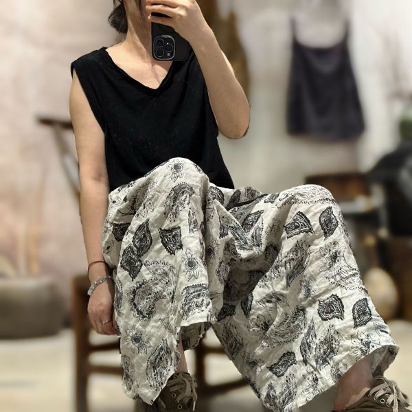 燕燕～夏季新款 亞麻印花寬鬆復古抽繩款 長褲 休閒褲 