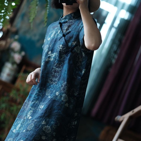 燕燕～夏季新款. 純苧麻. 數碼印花立領盤扣 洋裝 連身裙。ab133301 