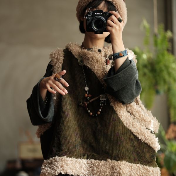 燕燕~復古燈芯絨斜襟盤扣羊捲毛夾棉背心。ab222401 