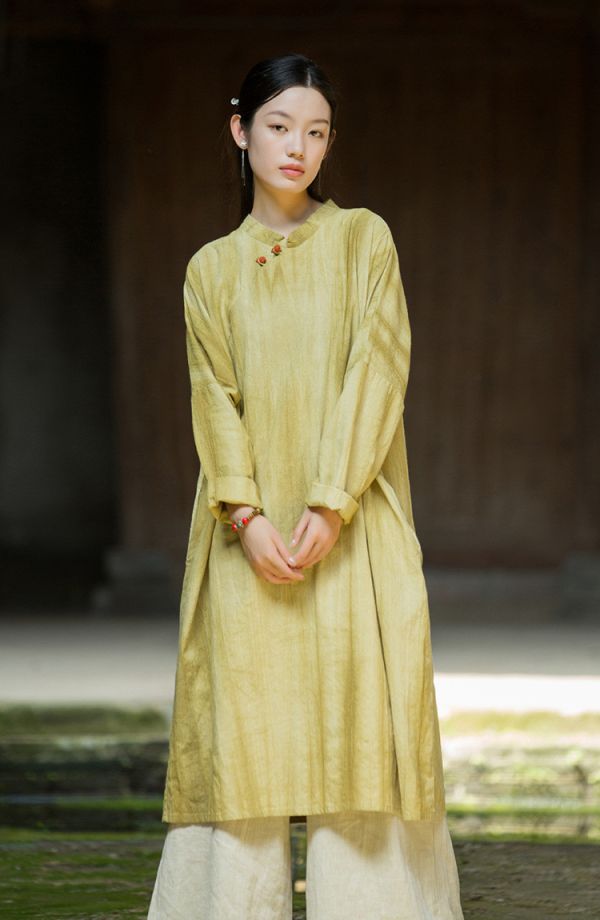 燕燕~棉麻商品~秋冬新款 改良旗袍裙手工紮染寬鬆遮肉茶服中式立領斜襟洋裝 連身裙 