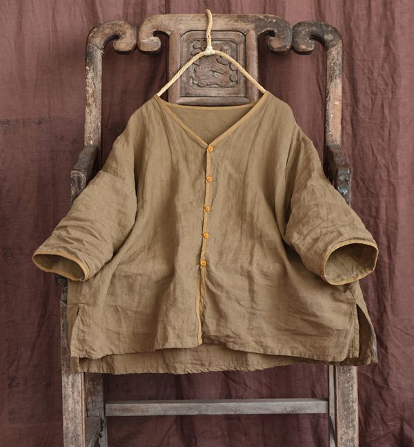 燕燕~亞麻。七分袖撞色邊V領開衫文藝上衣 襯衫 長袖棉麻衫 