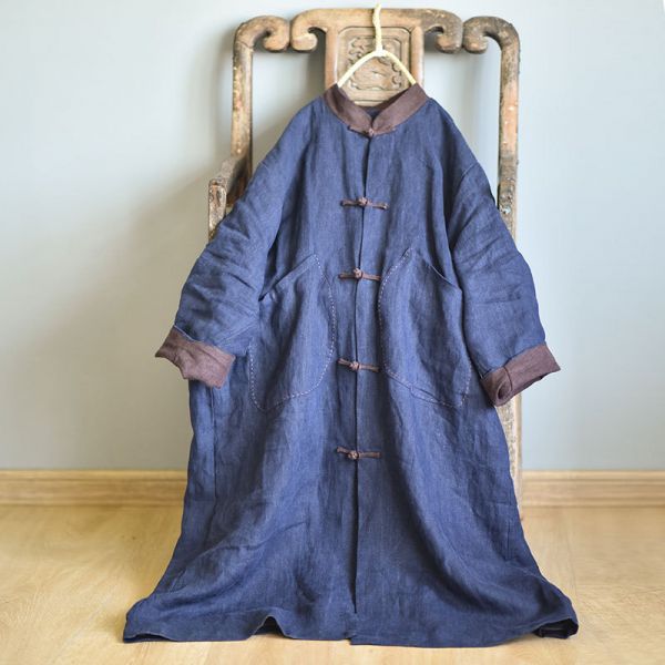 燕燕~春秋款 亞麻.  水洗做舊復古手工盤扣長袍 風衣外套 