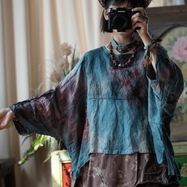 燕燕~輕訂製 植物染毛邊圓領寬鬆小衫 上衣  ab208901 （植物染商品顏色不會一模一樣喔） 