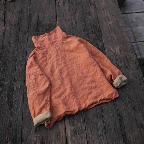 燕燕~色織亞麻 堆堆領上衣 文藝寬鬆上衣長袖襯衫 