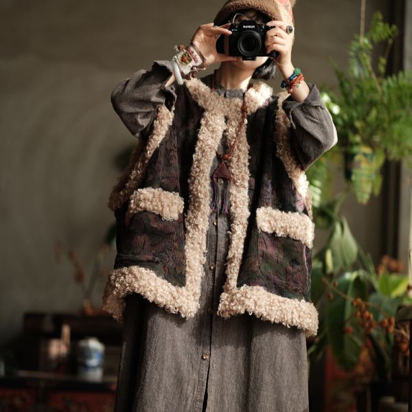 燕燕~復古燈芯絨羊捲毛大口袋夾棉加厚背心 ab222301 