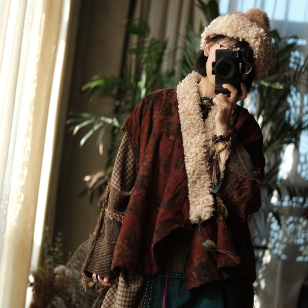 燕燕~復古毛邊做舊棉麻氛圍感小眾皮草毛領背心 ab226201 