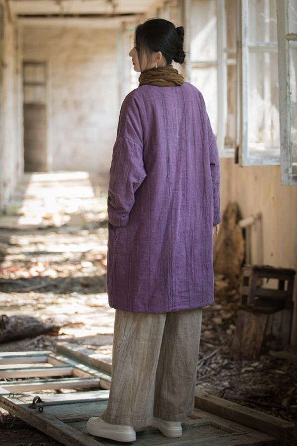 燕燕~秋冬新品 苧麻炒色夾棉加厚復古改良禪意風女式中長棉衣上衣 