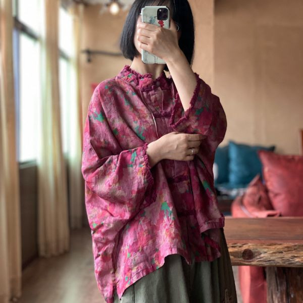 燕燕~棉麻商品~夏季新款 水洗純苧麻 數碼印花對襟小衫 上衣 長袖棉麻衫  ab206101 