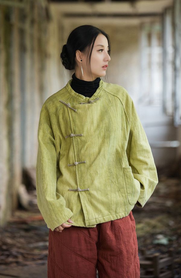 燕燕~秋冬新款   苧麻紮染加厚保暖外套 復古文藝個性盤扣女款T恤 上衣 