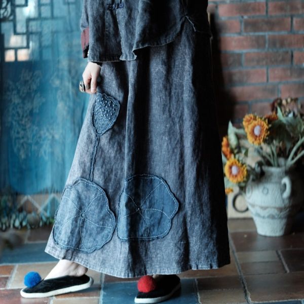 燕燕～春秋款 復古文藝高端水洗亞麻貼花長裙 