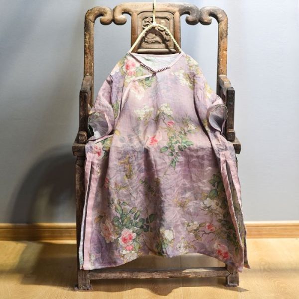 燕燕~棉麻商品~日系森林系~印花苧麻旗袍款 中長款洋裝 連身裙 