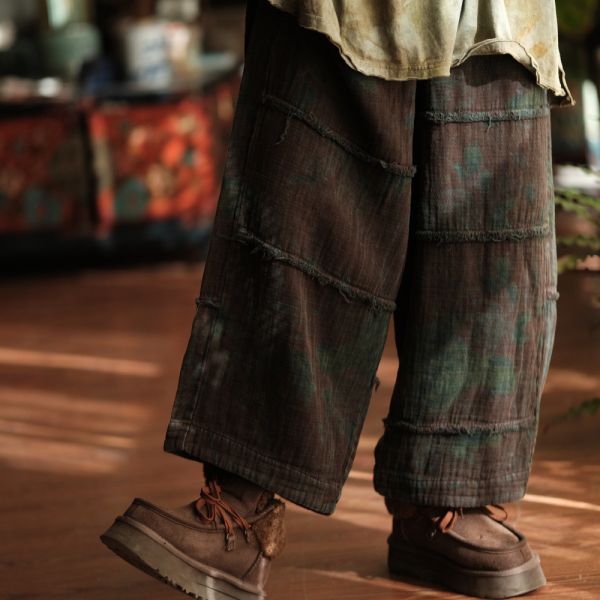 燕燕~復古文藝毛邊休閒褲寬鬆鬆緊腰闊腿褲 直筒褲 ab215101 (花色款） 