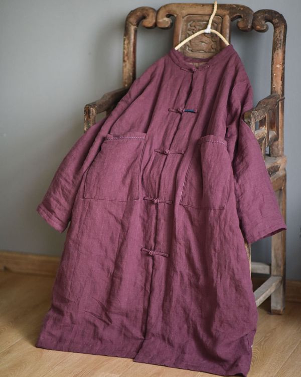 燕燕~亞麻~秋季新款 復古文藝長版加棉保暖中式棉襖棉衣 外套 