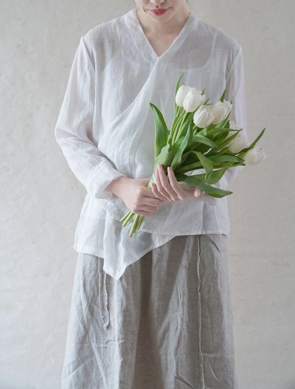 燕燕~細苧麻材質 薄透斜襟襯衫 文藝長袖棉麻衫 茶服上衣防曬衣 ab2103701 