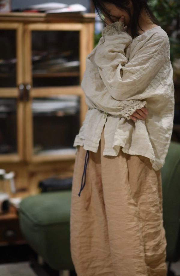 燕燕~夏季新款 文藝復古亞麻貼布泡泡袖寬鬆休閒開襟衫 上衣 襯衫 
