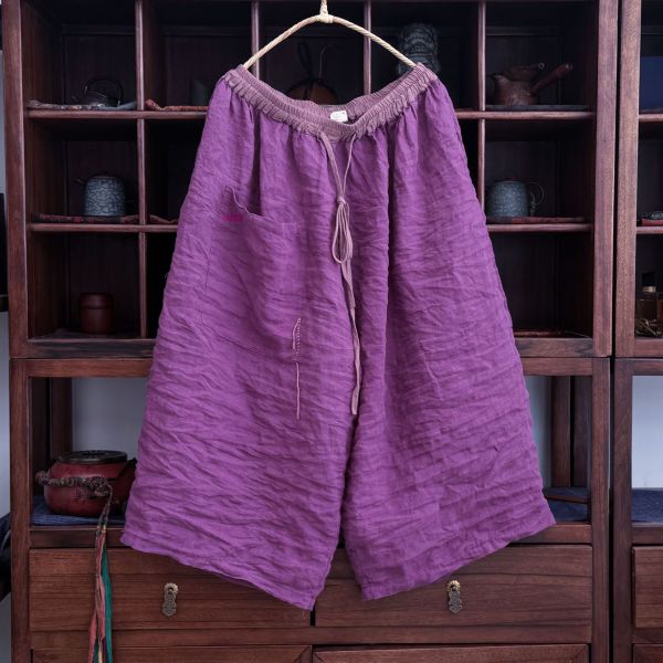 燕燕～亞麻～高品質砂洗寬鬆寬腿中褲 