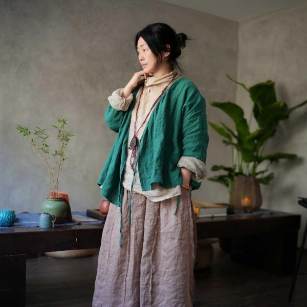 燕燕~砂洗亞麻 傳統交領繫帶百搭長袖襯衫 上衣小開襟衫 