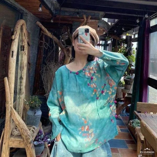 燕燕～舒適復古懷舊大花手工盤扣寬鬆小衫 上衣 ab162501 