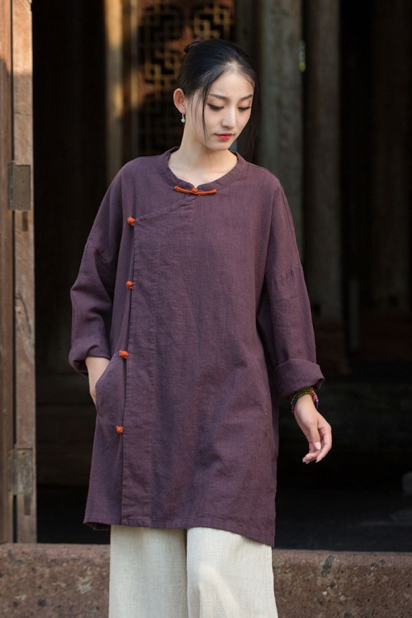 燕燕~秋季新款 苧麻砂洗大開襟衫 新中式改良簡約禪意上衣 