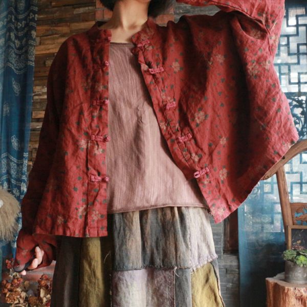 燕燕~棉麻商品~純亞麻  復古印花純亞麻小衫上衣 長袖棉麻衫 