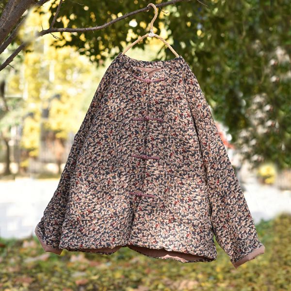 燕燕~棉麻商品~復古碎花盤扣開衫女式棉衣 立領保暖棉服短外套 
