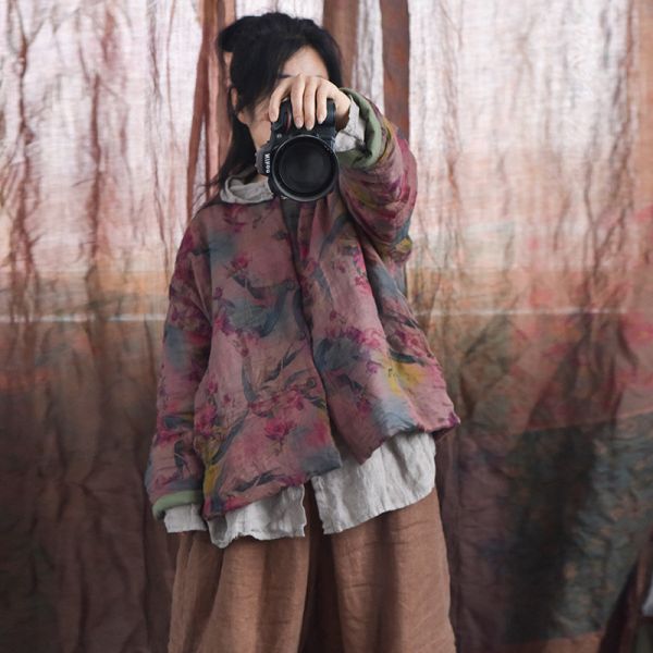 燕燕～秋冬款 苧麻   印花大尺碼 寬鬆文藝復古棉衣 國風中長棉服上衣 