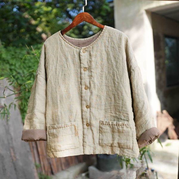 燕燕~色織亞麻 手工縫線小流蘇 大口袋文藝棉衣 棉服棉襖外套 