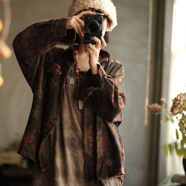 燕燕~秋冬新款 文藝復古雙層寬鬆翻領拼接開襟衫襯衫 ab96001 