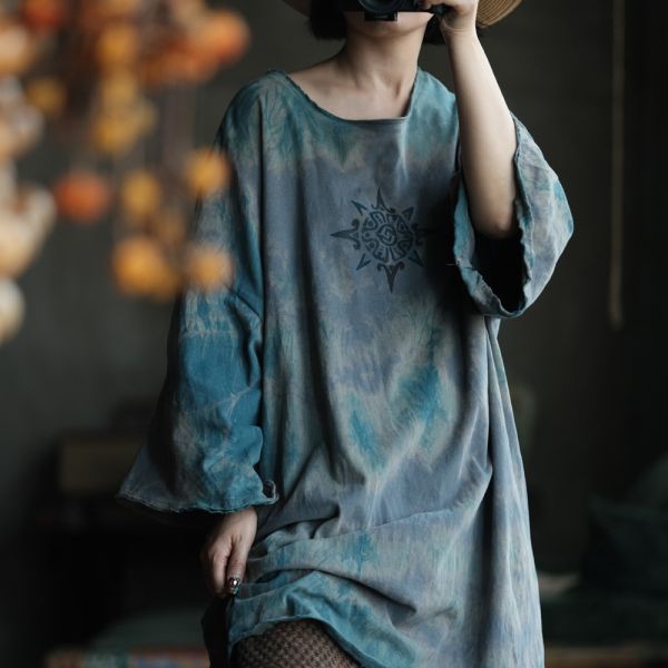 燕燕棉麻～復古手工植物染針織棉寬鬆百搭打底T恤 上衣  ab233701 