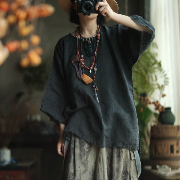 燕燕棉麻～百搭做舊雪花洗棉麻寬鬆文藝小衫 上衣   ab217801 