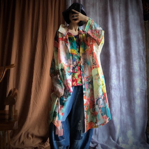 燕燕～純苧麻. 數碼印花蝙蝠袖大襯衫上衣. ab1432101 