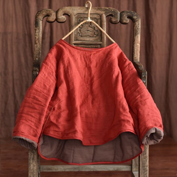 燕燕~棉麻商品~苧麻 寬鬆夾棉短款上衣 文棉服 寬鬆手工縫線棉衣上衣 