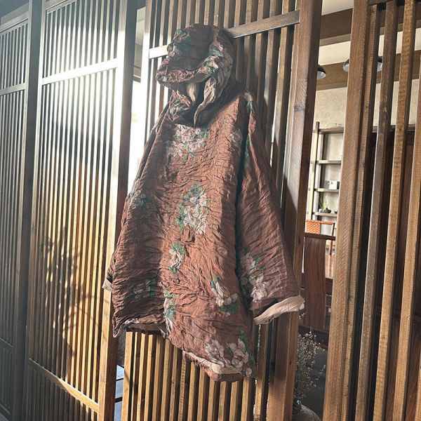 燕燕~原創～苧麻雙層中長連帽寬鬆上衣  文藝復古百搭休閒風衣外套 