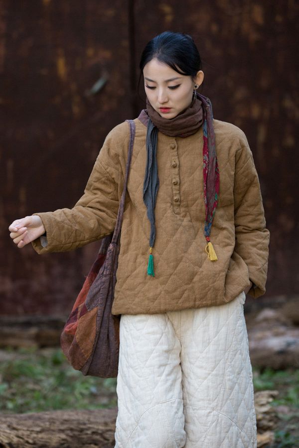 燕燕 冬季新款 苧麻夾棉菱格絎縫套頭棉襖 個性加厚保暖女裝棉衣上衣 