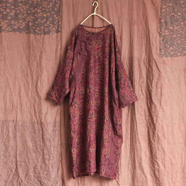 燕燕~秋季  砂洗做舊斜襟盤扣亞麻時髦花色 寬鬆洋裝 連身裙 