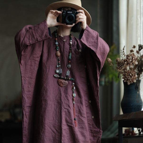 燕燕~水洗麻~撞色手繡寬鬆大袍洋裝 連身裙。ab149101 