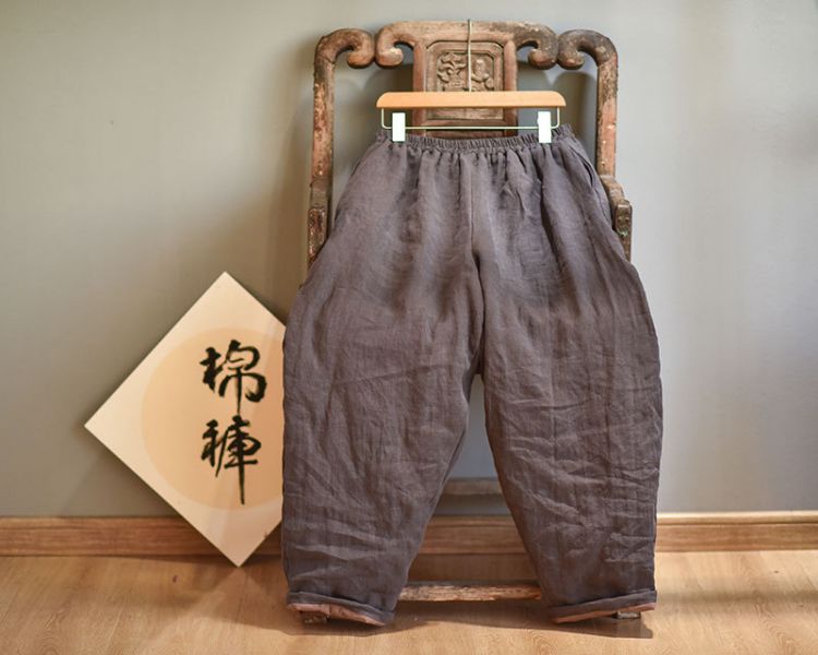 燕燕~棉麻商品~亞麻材質 秋冬款加棉寬鬆休閒闊腿蘿蔔棉褲 保暖長褲 