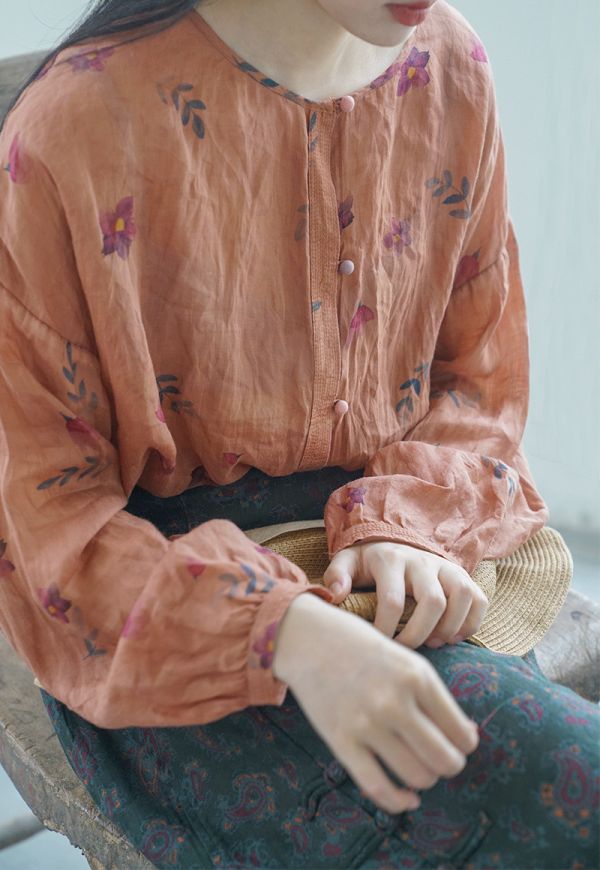 苧麻材質  復古數碼印花圓領寬鬆襯衫 文藝春夏防曬開衫上衣 長袖棉麻衫 ab2222001 