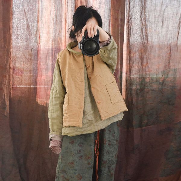 燕燕~秋冬款 保暖苧麻夾棉休閒復古寬鬆圓領對襟棉背心 