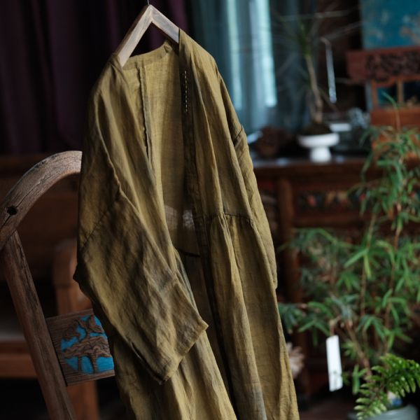 燕燕~純麻 寬鬆百搭手工繡花長外披長外套。ab219301 