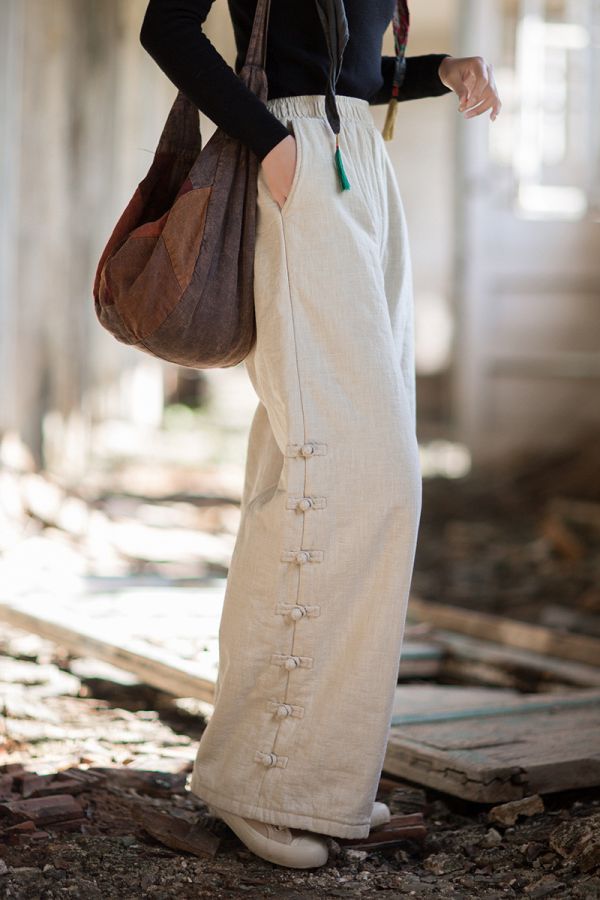 燕燕~秋冬新款 苧麻夾棉絎縫長褲 個性百搭保暖女款直筒棉褲 