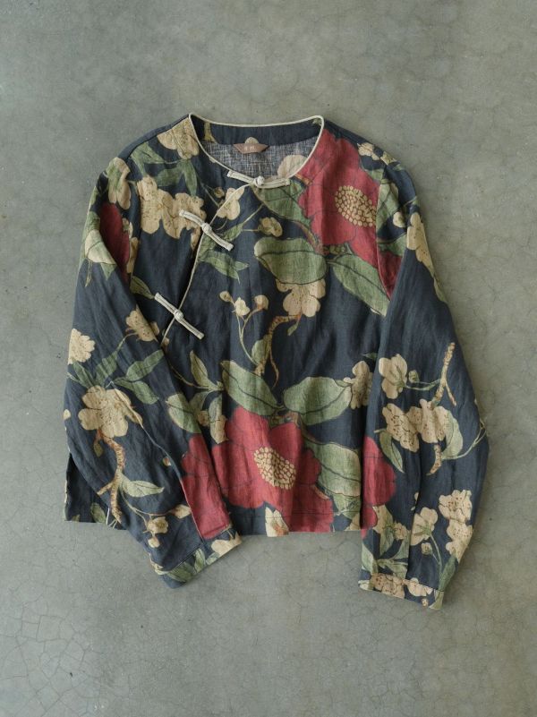 燕燕~亞麻 復古繁花圓領襯衫 民族感大氣斜襟盤扣上衣  ab2409301 