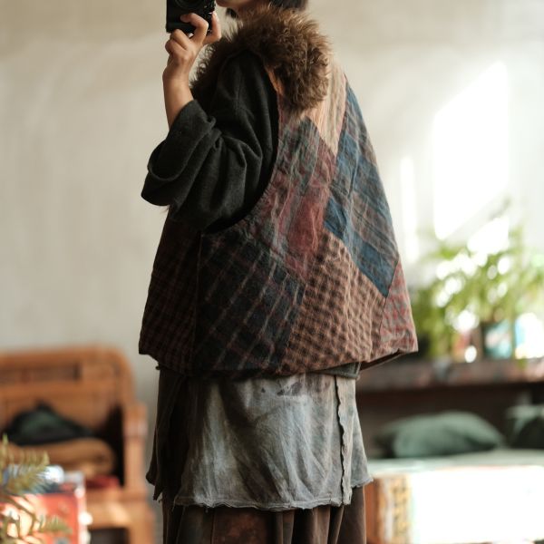 燕燕~純手工老布拼貼小眾氛圍感老布拼皮草夾棉背心 ab226401 (此件不退換） 