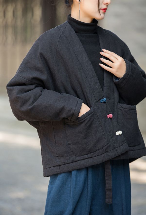 燕燕~棉麻商品~秋冬新品   復古盤扣夾棉上衣女式苧麻保暖短款棉衣外套 