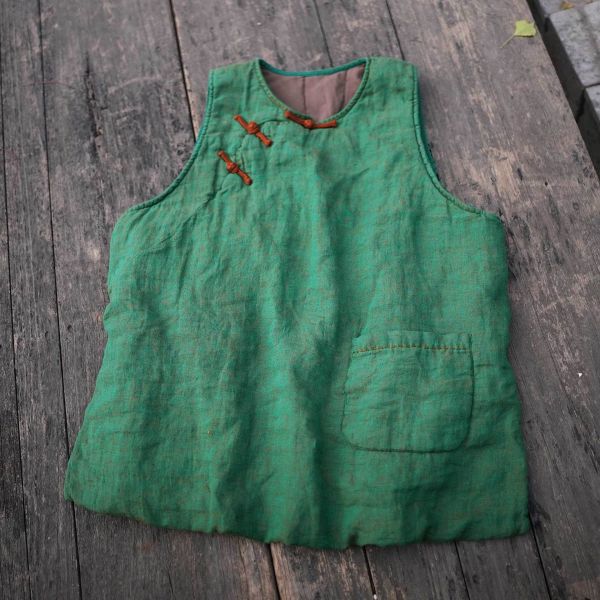 燕燕～色織亞麻 文藝復古中式盤扣夾棉寬鬆背心 