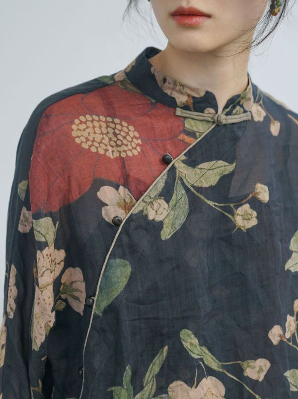 燕燕~薄透莧麻 復古夏繁花薄透襯衫 中國民族感寬鬆上衣.  ab2409601 